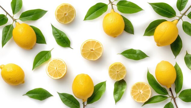 Fresh raw lemons with green leaves on a white backdrop, fiber-dense choice