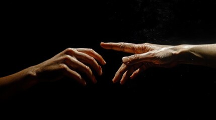 Two realistic outstretched hands reaching towards each other against a dark background, conveying connection and anticipation