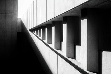 Fototapeta premium Monochrome architectural corridor with repeating vertical concrete columns casting strong shadows and light contrast creating geometric patterns