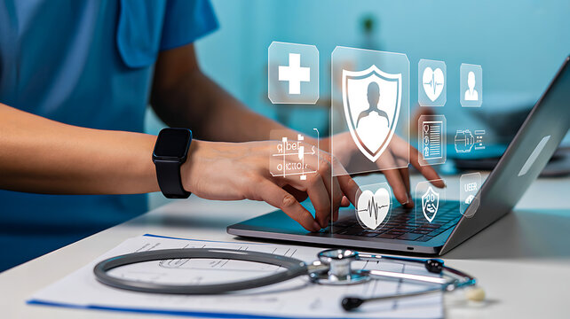 A medical professional utilizing a laptop to manage digital health data, patient records, and secure online healthcare insurance services and protection. - Powered by Adobe