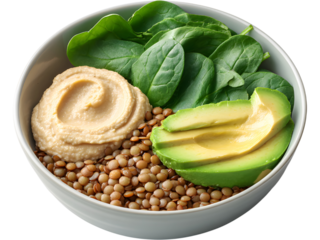 Healthy plant-based bowl with avocado, spinach, and grains isolated on white background, symbolizing clean eating and vegan nutrition.