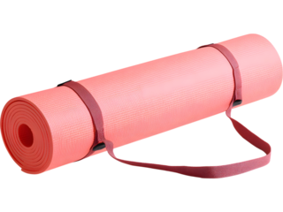 Rolled yoga mat with strap isolated on white background, symbolizing fitness, mindfulness, and home workout lifestyle..Tags: