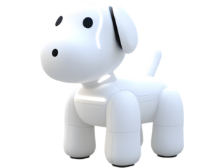 White robotic dog toy isolated on white background, symbolizing smart toys, innovation, and modern technology.