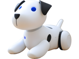 White robotic dog toy isolated on white background, symbolizing smart toys, innovation, and modern technology.