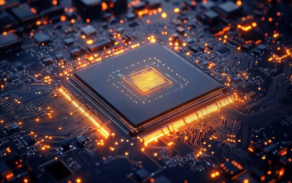 Close-up of a computer microchip glowing with bright orange lights on a complex circuit board emitting a high-tech and futuristic atmosphere - Powered by Adobe