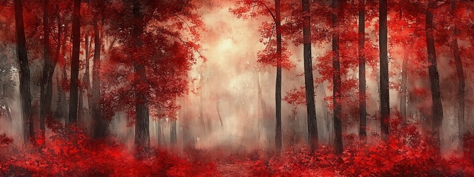 Misty forest scene with tall trees and vibrant red foliage creating a mysterious and enchanting atmosphere