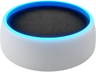 Futuristic rounded smart home hub with glowing blue edge isolated on white background, representing AI connectivity and automation.