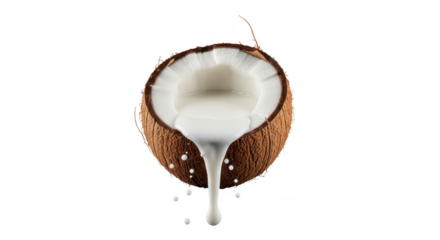 Fresh coconut milk dripping from half coconut isolated on transparent background
