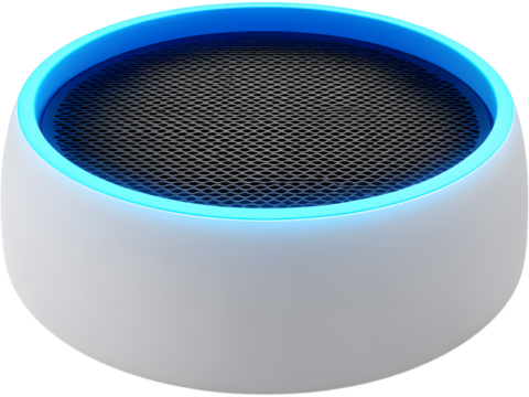 Futuristic rounded smart home hub with glowing blue edge isolated on white background, representing AI connectivity and automation.