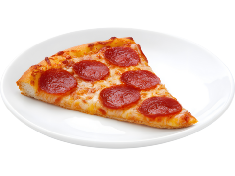 Tasty pepperoni pizza slice on plate isolated on white background, perfect for food and restaurant design themes.