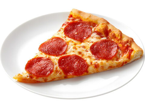 Tasty pepperoni pizza slice on plate isolated on white background, perfect for food and restaurant design themes.