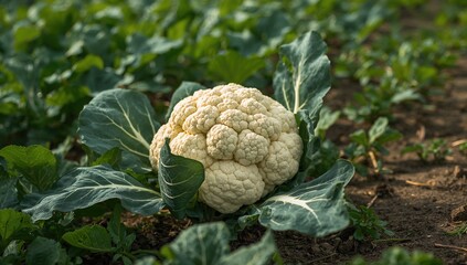 Fototapeta premium Cauliflower surface in the field, fiber-dense choice
