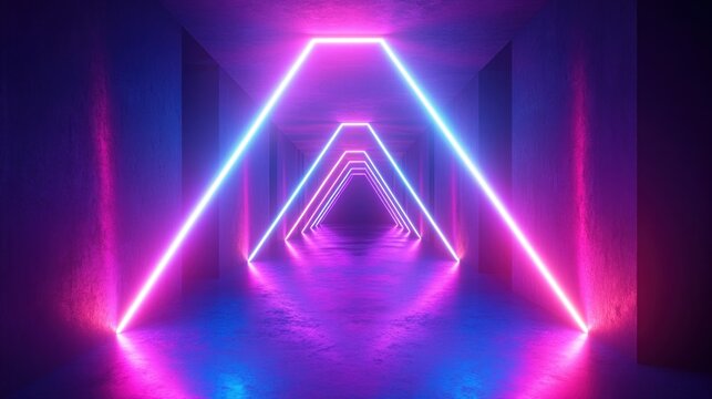 Endless futuristic corridor with neon pink and blue glowing triangular arches creating a vibrant and immersive tunnel effect