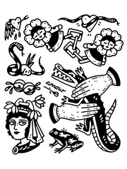 A collection of dark, edgy neo-traditional tattoo flash