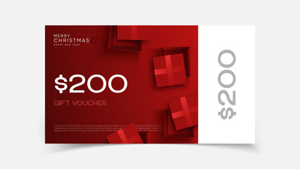 Christmas holiday gift card with $200 voucher, greeting cards in modern geometric style for web, branding, social media. Elegant template for holiday gift card, coupon.