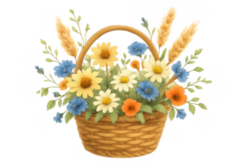 Wicker basket with wildflowers and wheat illustration