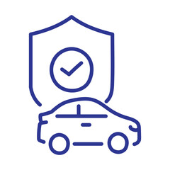 Blue line icon of a car protected by a shield with a checkmark, symbolizing vehicle insurance and safety.