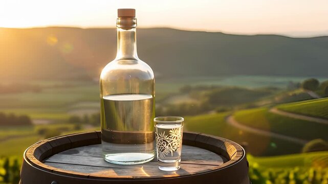 Bottle and a shot glass of traditional italian grappa standing on a barrel in a vineyard