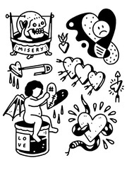 Dark heartbreak tattoo flash sheet. Edgy love and misery art