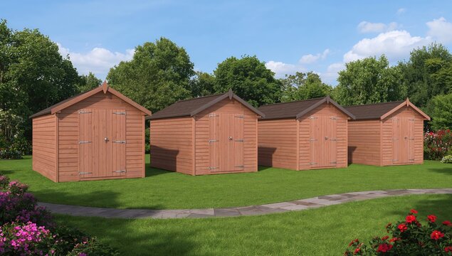 Four elegantly crafted wooden sheds, ideal for garden storage solutions