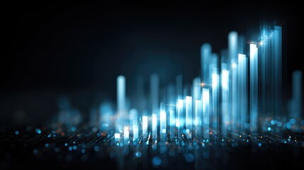 Fototapeta premium Abstract visualization of financial growth with luminous bars and glowing particles depicting an upward trend against a dark background