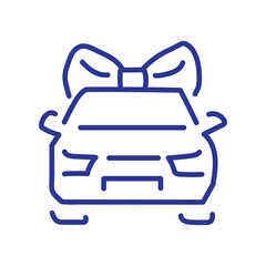 A blue line art icon of a new car wrapped with a large gift bow on the roof.