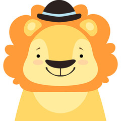 Cute cartoon lion character wearing a black top hat with a light blue band and a happy expression on a transparent background perfect for children's content