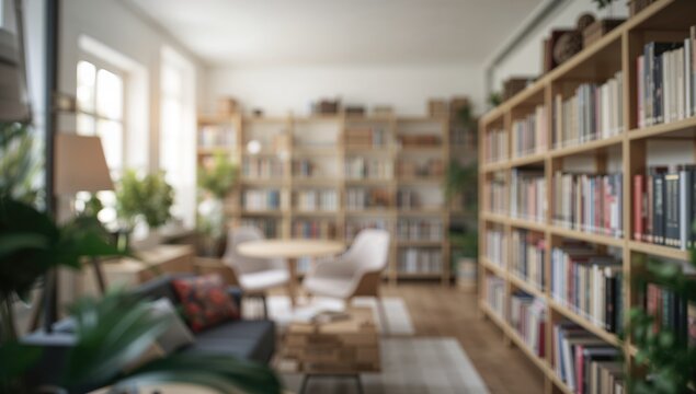 Bright and airy home library with stylish shelving and potted plants, ideal background for text and layout