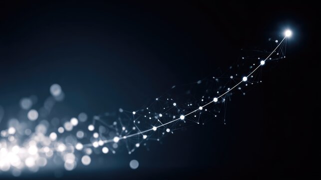 Abstract glowing particles in motion creating a dynamic path with lights, representing technology, innovation, and futuristic concepts in a dark background