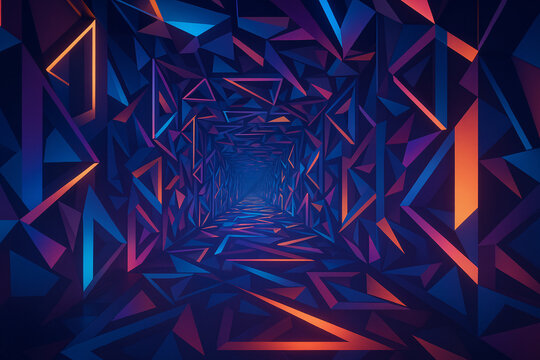 Immersive geometric tunnel with vibrant neon blue and orange light, creating a futuristic, abstract digital art experience