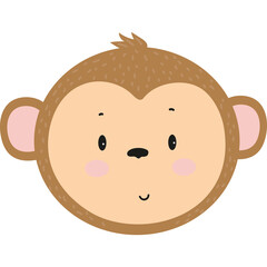 Cute cartoon monkey face with brown fur pink cheeks and happy expression isolated on white background with transparent background for easy use in design projects