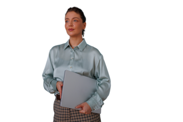 Professional businesswoman holding laptop, looking forward with confidence, standing, ready for work, transparent background