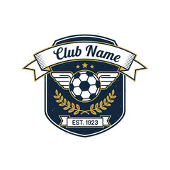 "Vintage-style soccer team emblem, navy blue palette, editable club name ribbon, simple line art, clean outline, easy to trace"