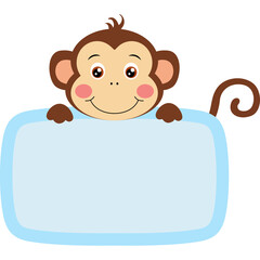 Cute cartoon monkey peeking over a light blue blank sign for text or message with brown fur and pink cheeks white background isolated illustration