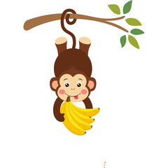 Cute Cartoon Monkey Hanging Upside Down From A Tree Branch Holding A Bunch Of Yellow Bananas With Its Tongue Sticking Out And Green Leaves In The Background