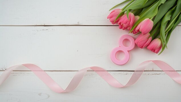Pink tulips and the number 8 shaped from a pink ribbon atop a rustic wooden surface, symbolizing International Women's Day