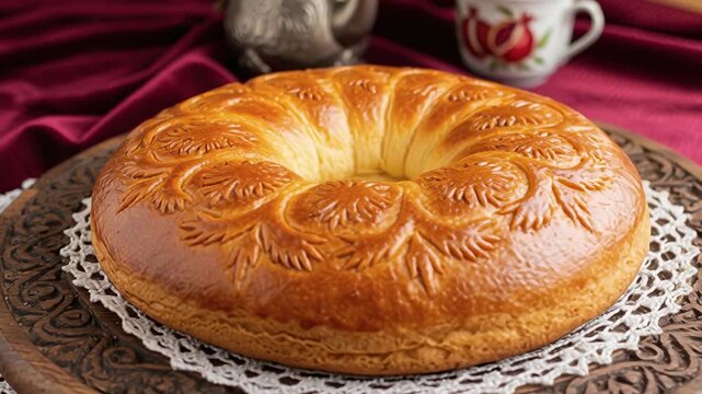Traditional armenian sweet bread gata with beautiful pattern on wooden board for celebration