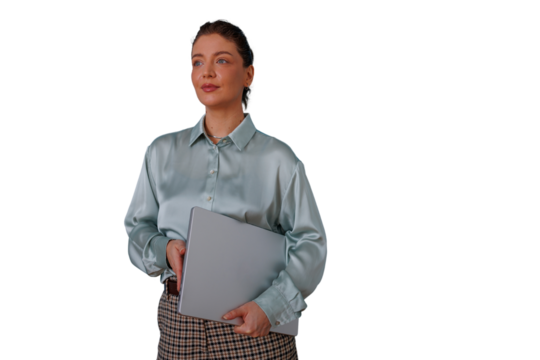 Professional businesswoman holding laptop, looking forward with confidence, standing, ready for work, transparent background