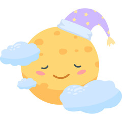Cute Cartoon Moon Character Wearing A Star Patterned Nightcap Sleeping Peacefully Amongst Soft Clouds With Closed Eyes And Rosy Cheeks In A Whimsical Dreamlike Setting