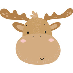 Cute Cartoon Moose Face Illustration with Antlers and Pink Cheeks on Transparent Background for Childrens Design