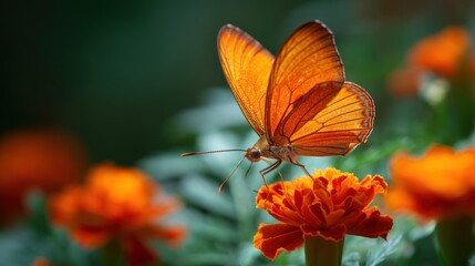 Obraz premium A bright orange butterfly perched delicately on a bright orange marigold, with the wings slightly open to reveal intricate patterns.