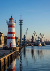 Striking Lighthouse and Harbor Scene in Rostock, Germany.