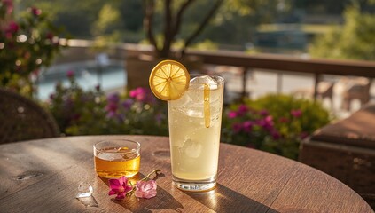 A chilled glass of lemonade with ice cubes, a refreshing drink for warm days