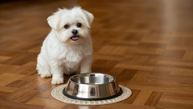 Maltese dog sitting on aged wooden floor, anticipating mealtime, focus on hunger