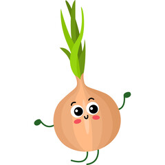 Cute Cartoon Onion Character With Green Sprouts Dancing With Happy Expression On Transparent Background Healthy Food Concept