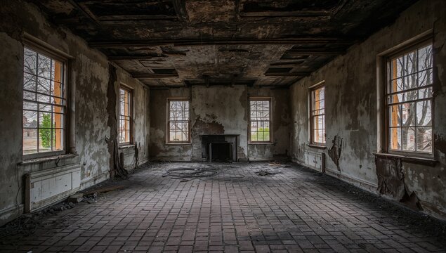 Interior view of a charred, wrecked building left in disrepair, highlighting erosion risk