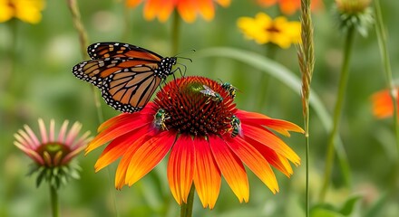 Obraz premium Monarch Butterfly on a Vibrant Orange Coneflower in Summer.