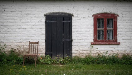 Facade of a rustic building in a rural area, featuring a chair beside a black wooden door and white brick wall, suitable for editorial header background