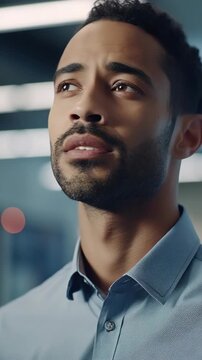 A man with short hair gazing ahead intently