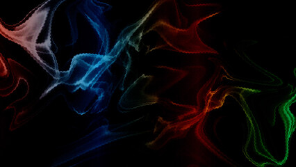 Colorful smoke trails swirling, intertwining, creating dynamic light and shadow against black, an abstract flow of vibrant energy and mesmerizing visual depth